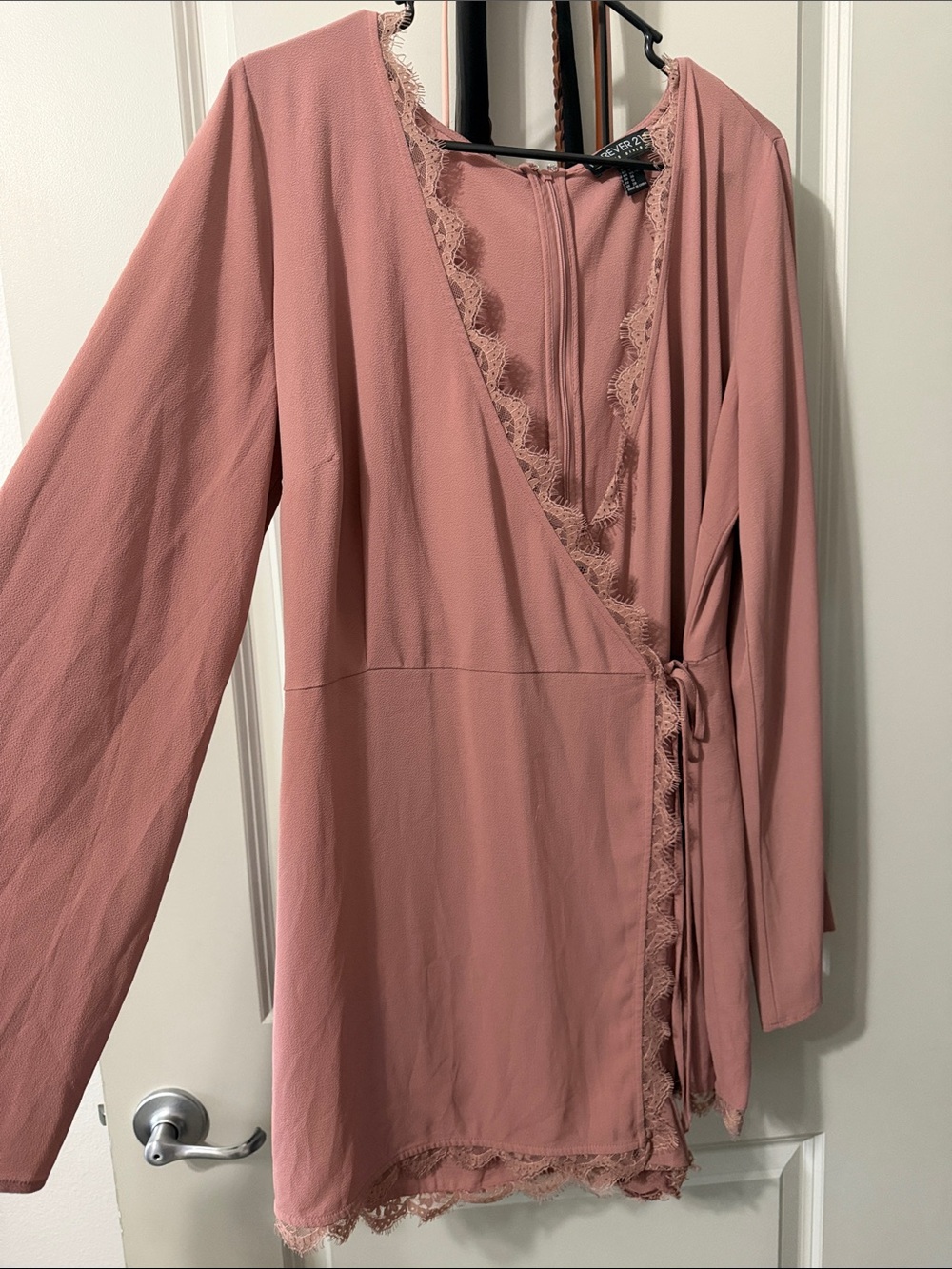 Wrap Romper with Lace Trim - Rose